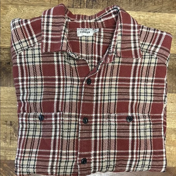 FLINT AND TINDER heavy weight 100 percent cotton dark red and white button down. - Picture 7 of 10